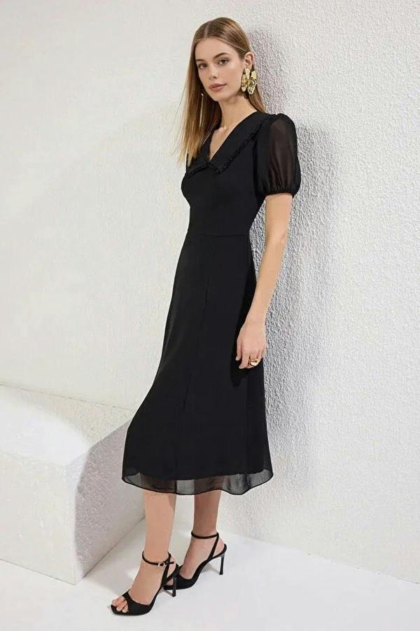 WOVCOR A-Line Neckline Detail Lined Chiffon Midi Dress