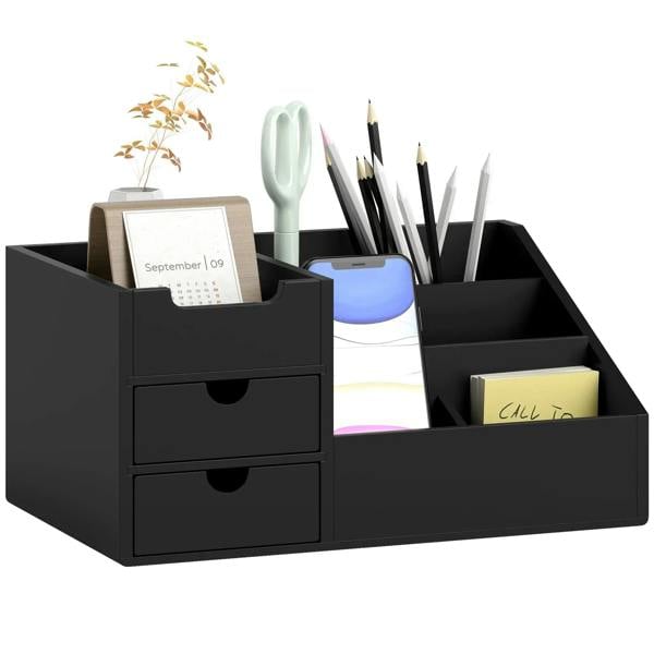 Black desk organiser caddy with 7 compartments and two pull-out drawers for stationery