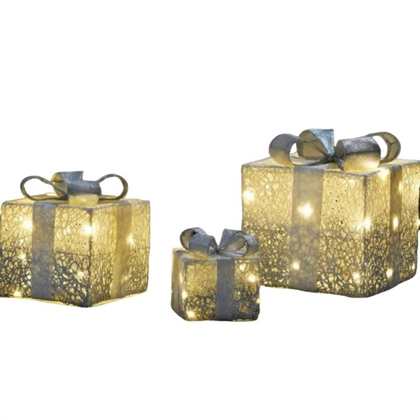 Samuel Alexander Set of 3 Battery Operated Silver Sparkly Christmas Gift Boxes with LEDs