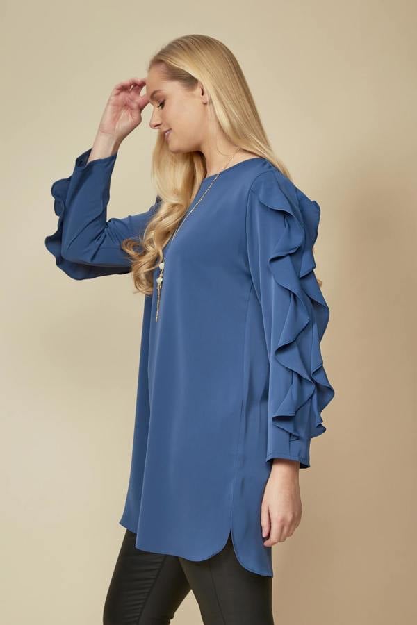 Hoxton Gal Oversized Ruffle Sleeve Relaxed Fit Tunic in Blue