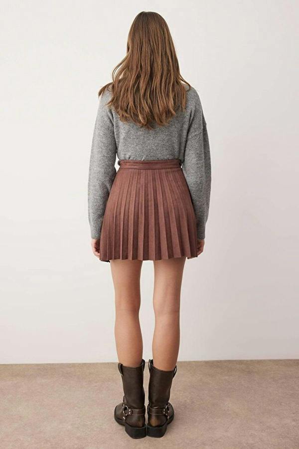 WOVCOR Suede Snap Button A-line Pleated Stretch Mini Skirt