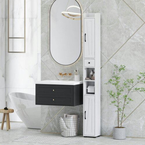 Wyld Haus Mittori Farmhouse Style Slim Bathroom Storage Cabinet With Barn Doors And Toilet Roll Holder White
