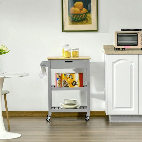 Grey utility cart with rubberwood top, open storage shelves, and rolling casters