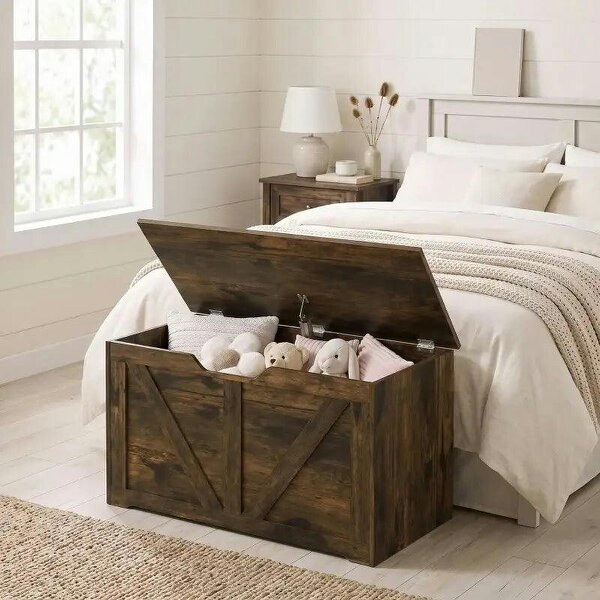 100L Home Storage Box, with Safety Hinge - Rustic Brown Wood-Effect - Rustic Brown