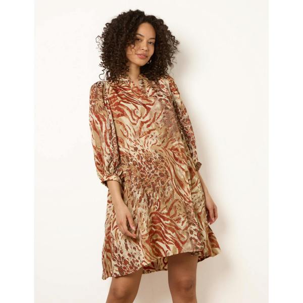 Blue Vanilla Puff Sleeve Metallic Animal Print Puff Sleeve Tunic Dress