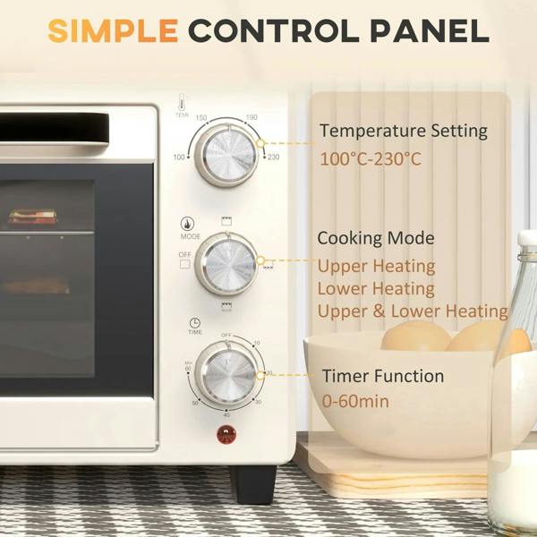 Cream mini countertop oven control panel with temperature knobs and timer