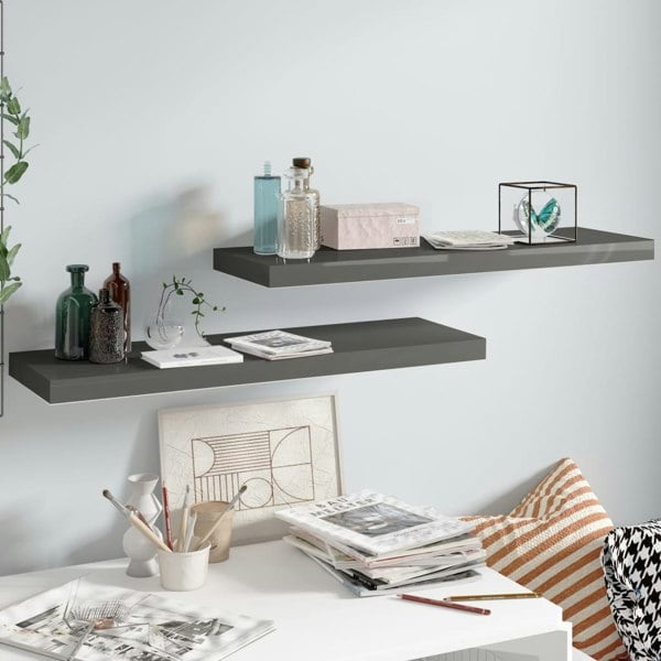 Berkfield Floating Wall Shelves 2 pcs High Gloss Grey 80x23.5x3.8 cm MDF