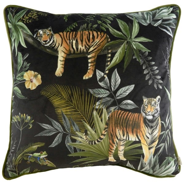 Evans Lichfield Jungle Tiger Cushion Cover - Black/Sage Green