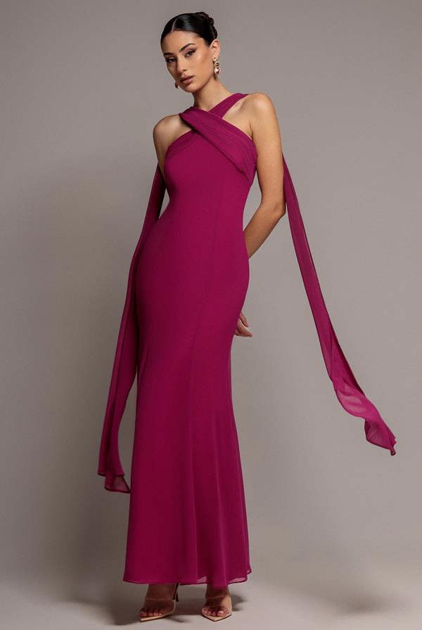 Cross Front Scarf Back Chiffon Mermaid Maxi Dress - Magenta DR4831