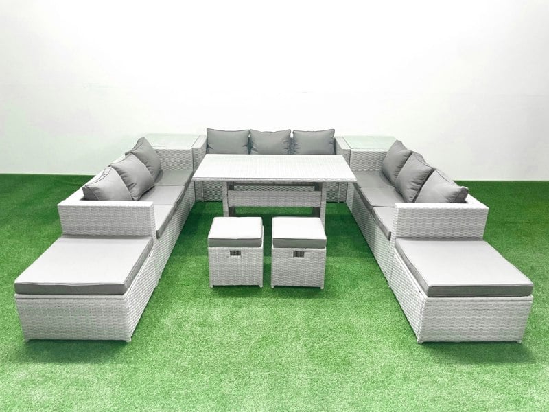 Fimous Rattan Garden Furniture Dining Set 13 Seater Lounge Sofa Dining Table Set with 4 Footstools 2 Side Tables Light Grey Mixed