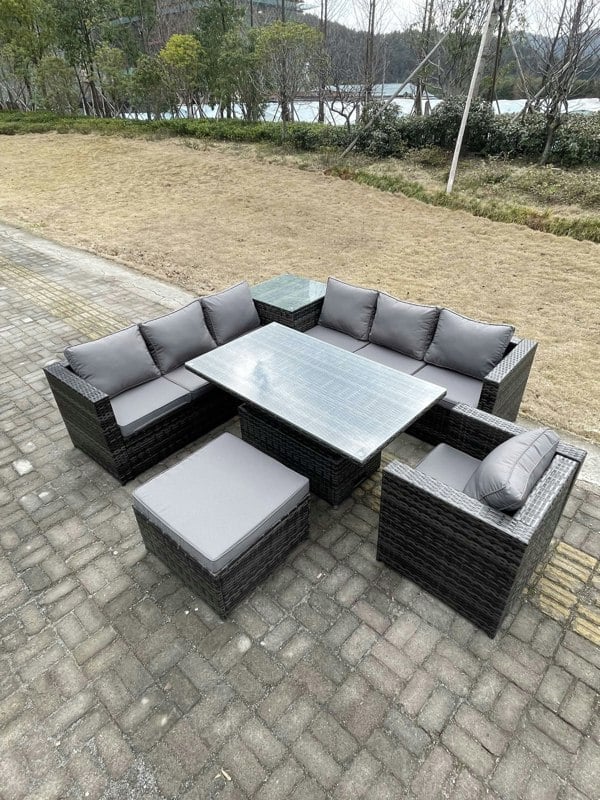 Fimous 8 Seater PE Rattan Corner Sofa Set Rising Adjustable Dining Table Set High Side Coffee Table With Arm Chair Big Footstool