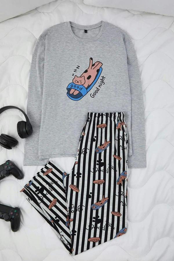 WOVCOR 2-Piece Regular Fit Cat Print Cotton Knit Pajama Set
