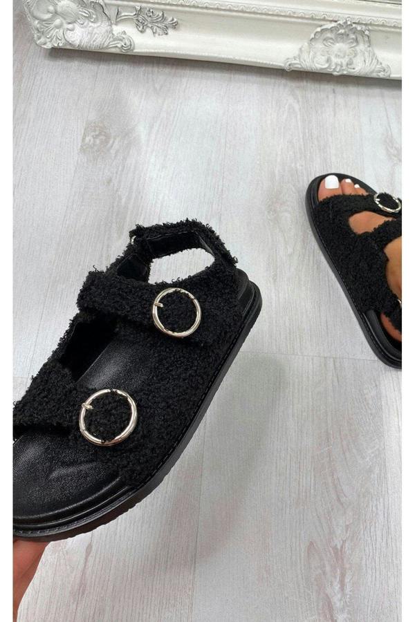 Zahra Faux Fur Double Buckle Sliders - Black