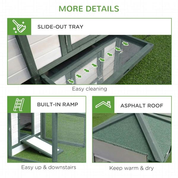 Chicken coop feature details: slide-out tray, built-in ramp, and asphalt roof
