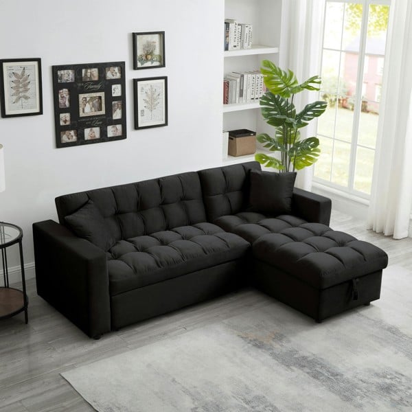 SQUAREBOXX Madrid Velvet 3 Seater Pullout Sofa Bed in Black with Reversible Storage Chaise