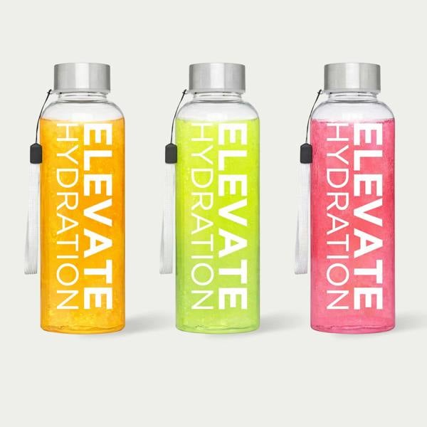 Three colorful water bottles with 'Elevate Hydration' text on a white background