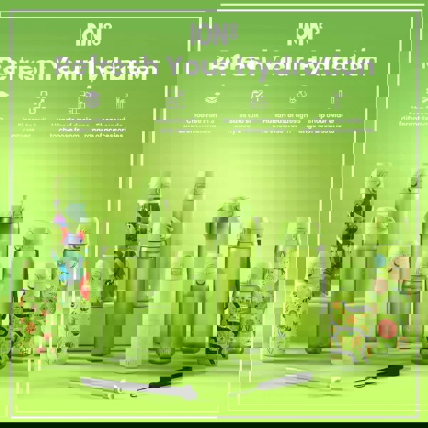 Several green ION8 water bottles of varying sizes and designs are displayed on a green surface. They are shown alongside accessories. Refresh Your Hydration. Choose from 3 different materials. Sizes to suit any user. Hundreds of designs to choose from. Shop our wide range of accessories.