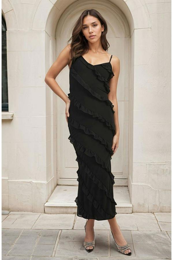 Gracie V-neck Tiered Ruffle Backless Maxi Dress - Black