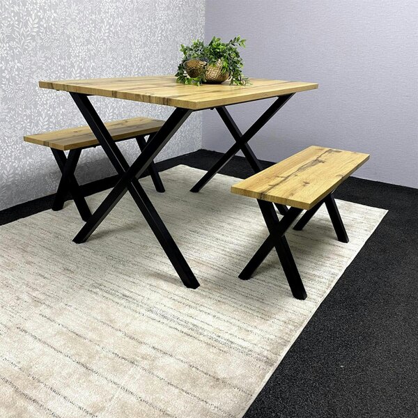 Kosy Koala Modern Dining Table and 2 Benches Set  Wooden Effect Dining Table Set - Dining Room Furniture