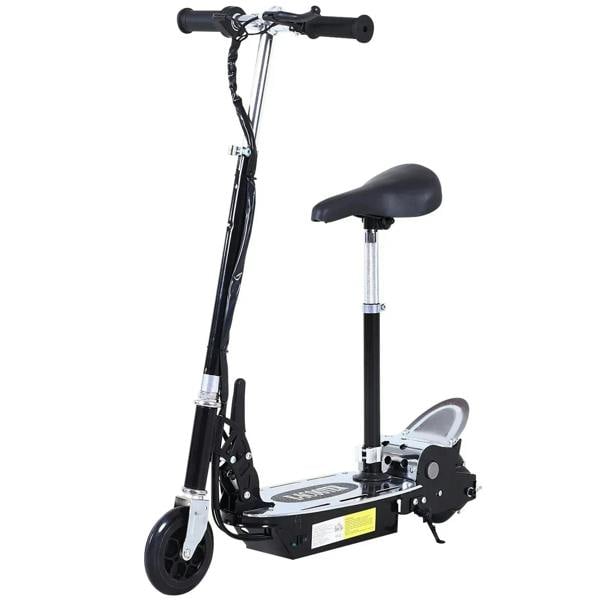 Black foldable powered scooter with adjustable seat and front brake
