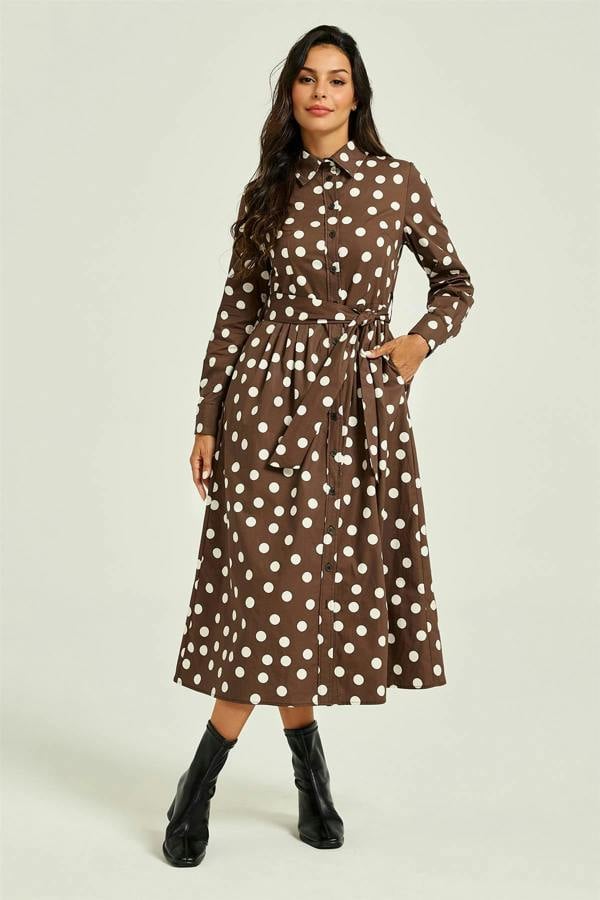 FS Collection Dot Print Long Sleeve Midi Shirt Dress In Brown