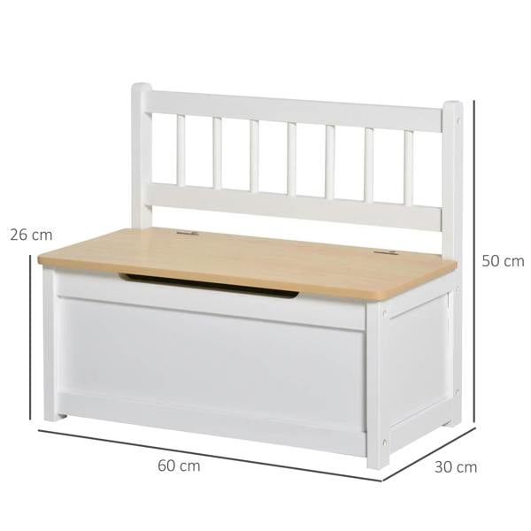 White and light wood toy box bench with open lid and side dimensions