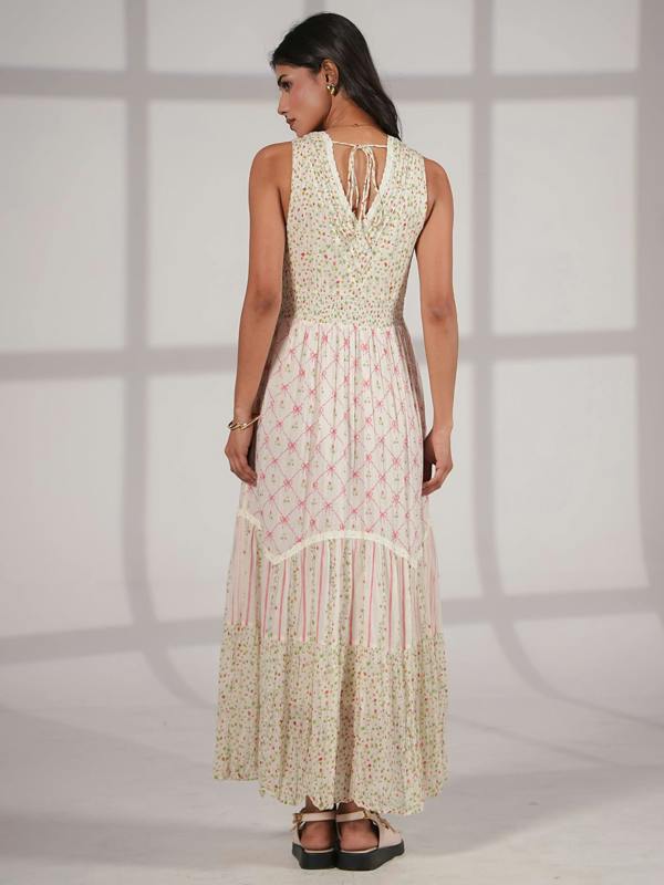Rose & Nancy Iris Strawberry Print Mix Cotton Crinkle Maxi Dress