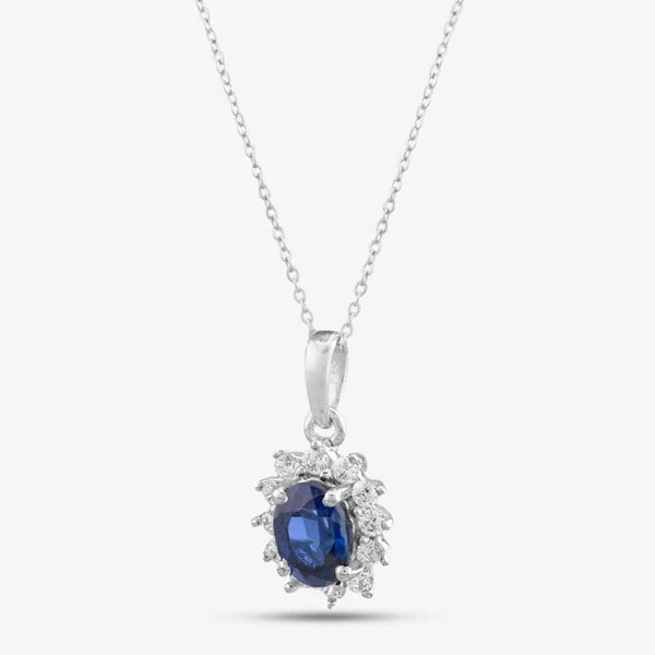 T. H. Baker 9ct White Gold Oval Cut Sapphire & Cubic Zirconia Halo Necklace D152307WB