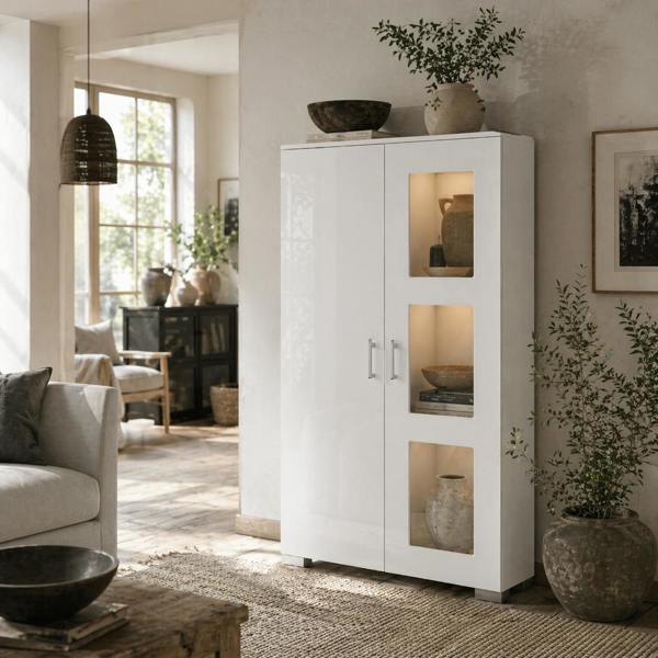 Wyld Haus Sora Coma High Gloss White Tall Storage Cabinet Glass Doors 2 Shelves with LED Lighting