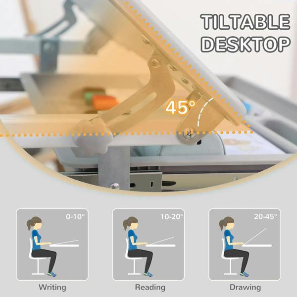 Kids adjustable writing desk set with tilt tabletop up to 45 degrees for writing and drawing