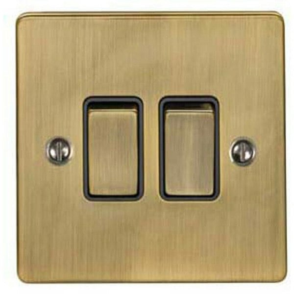 2 Gang Double Light Switch ANTIQUE BRASS 2 Way 10A Black Trim & Metal Rocker Loops