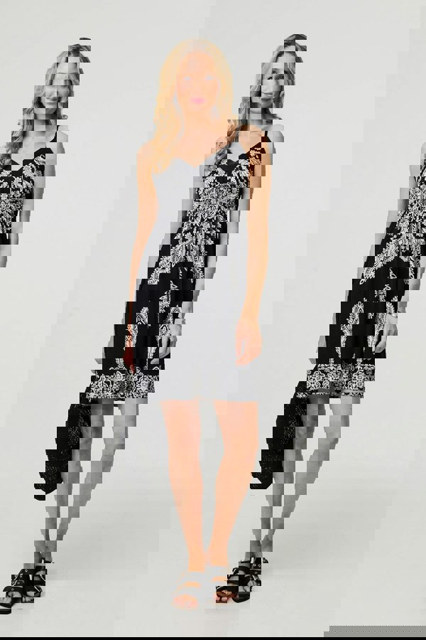 Black | Printed Cami Strap Short Sun Dress
