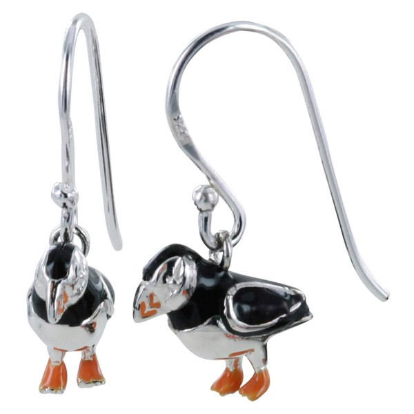 Sterling Silver and Enamel Puffin Drop Earrings - Reeves & Reeves