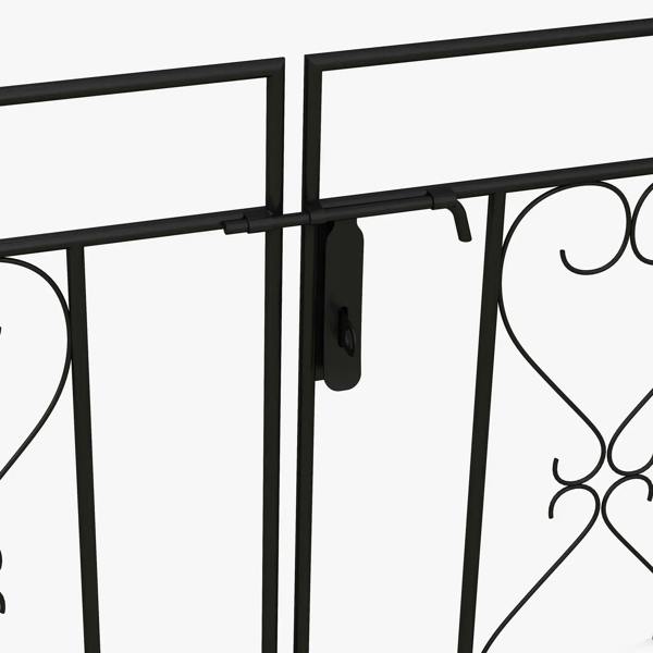 Close-up of black metal double gate hinge and latch hardware on the frame