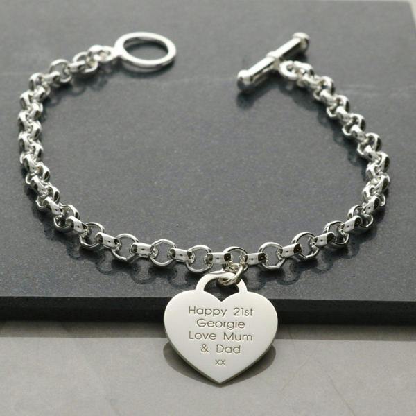 Sterling Silver T Bar Bracelet With Heart Charm and Engraving - Love Silver Jewellery