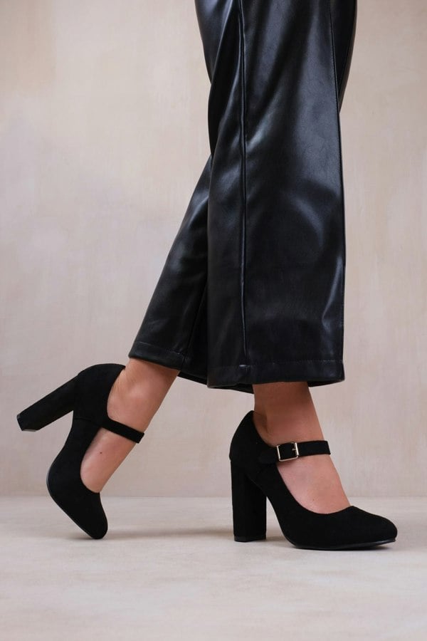 Where's That From Michelle Block High Heel Pump With Front Buckle Strap in Black Suede