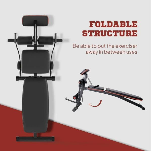 Foldable weight bench with red trim, thick black backrest and seat, storage-ready frame