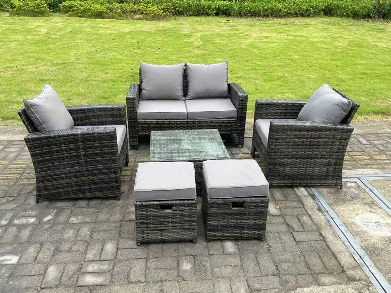 Fimous 6 Seater Dark Grey Mixed High Back Rattan Sofa Set Square Coffee Table Garden Furniture Outdoor 2 Stools