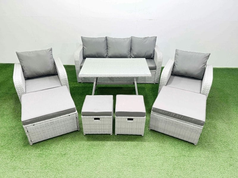 Fimous Rattan Garden Furniture Dining Set 9 seater Patio Rectangular Table Sofa Set with 4 Stools Light Grey