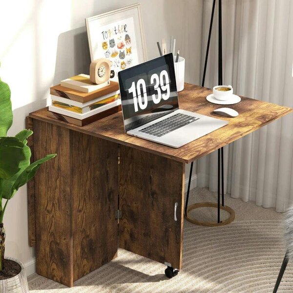 80-140 cm Folding Dining Table for 4-6 People, Drop Leaf Table with 2-Tier Shelves, Rolling Casters, Rustic Brown