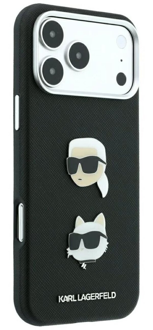 Karl Lagerfeld Saffiano Karl & Choupette Heads Pins Logo Case for iPhone 17/18 Pro Max 6.9" Black - KLHCP18XPSWFDHPK