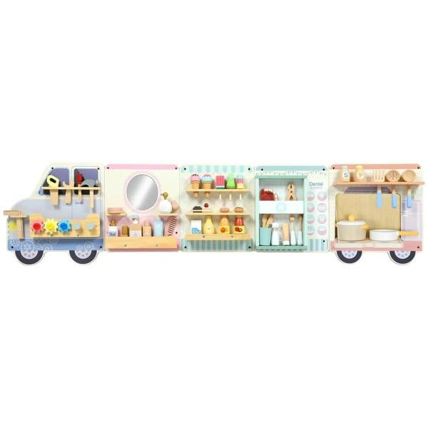 Multicolored wooden busy board activity panel set shaped like a bus with tools and beads