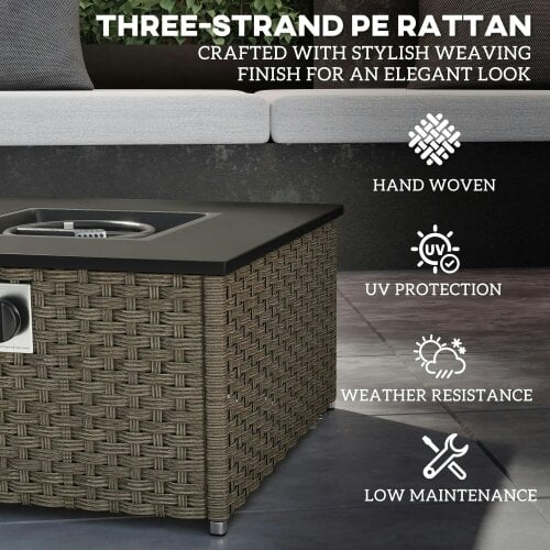 Bobobiy Rattan Gas Fire Pit Table, 13 KW Smokeless Propane Fire Pit with Lid, 58 x 33 cm, Grey, 58 x 58 x 33 cm
