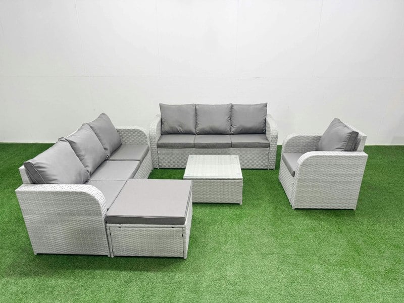 Fimous 8 Seater Rattan Outdoor Garden Furniture Square Coffee Table Sofa Set 3 Seater Sofa Reclining Chair 3 Seater Sofa Big Footstool Light Grey