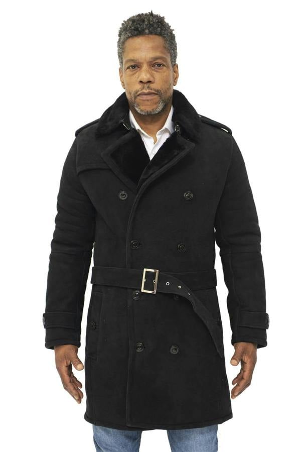 Infinity Leather Mens Shearling Sheepskin Suede Pea Coat-Cali