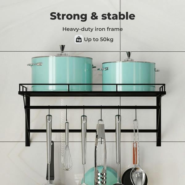 Toque Wall Mounted Pot Pan Rack Multipurpose Utensil Rail Holder Shelf 12 Hooks