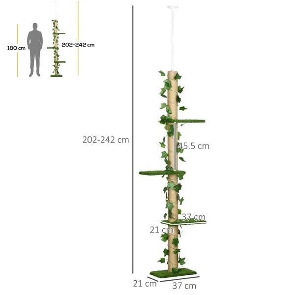 Adjustable cat tree with height shown from 202 to 242 cm and platform size marks