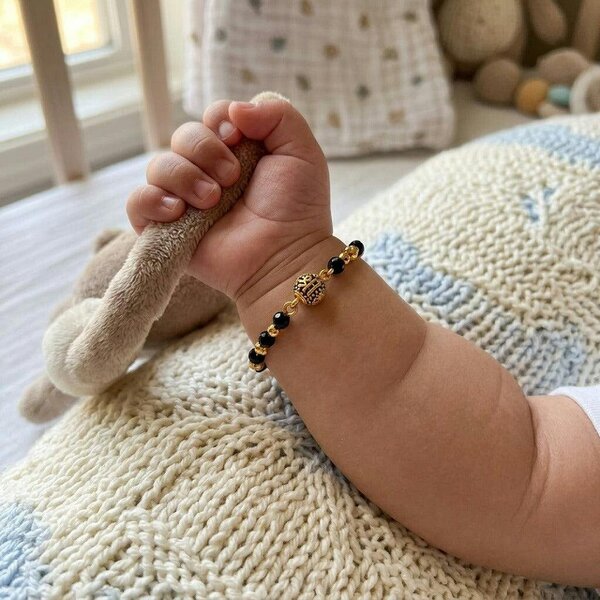 The Colourful Aura Gold Plated Black Faceted Bead Engraved Centre Charm Kids Nazaria Bracelet