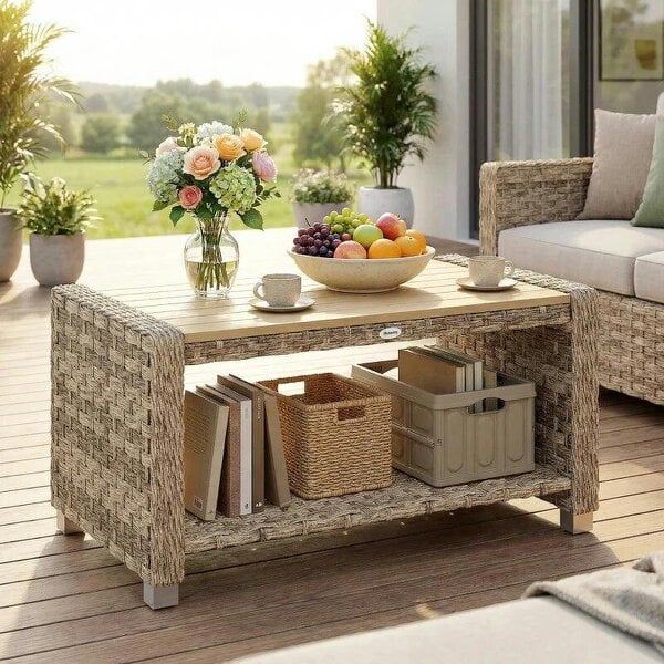 Outdoor Coffee Table with Storage Shelf, PE Rattan Side Table with Slatted Top and Foot Pads, Light Brown - Brown
