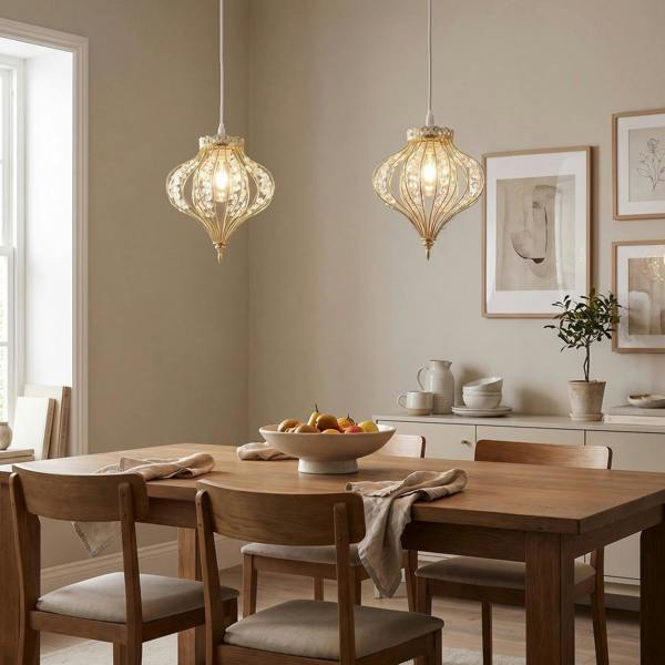 Unique Teardrop Shiny Gold Pendant Lamp Shade with Clear Acrylic Beads Image 6